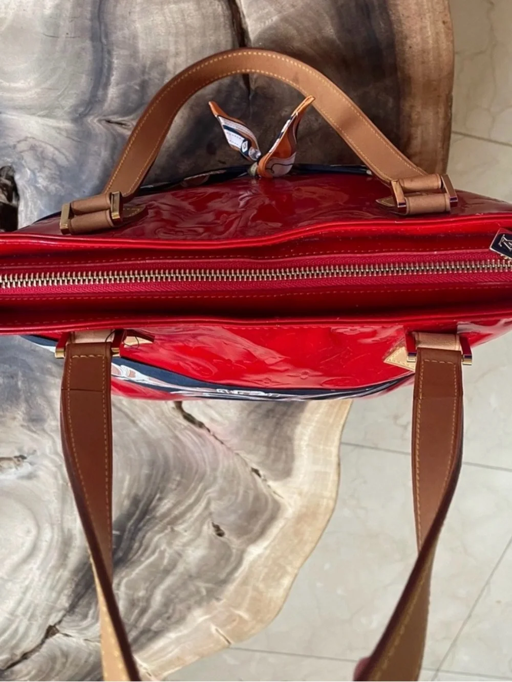 Louis Vuitton Red Patent Tote with Tan Handles